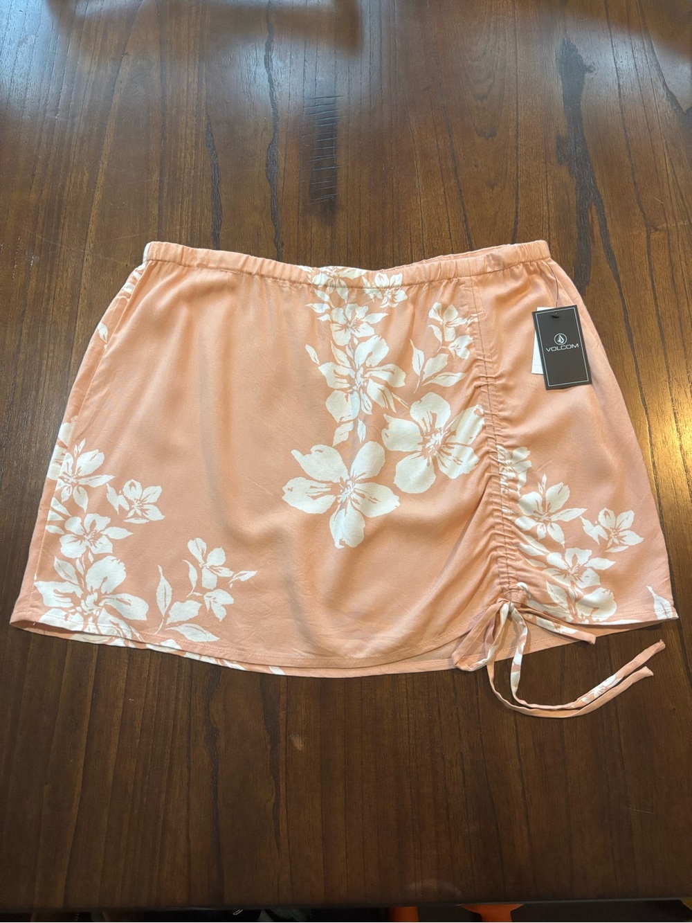 Volcom Peach Floral Side-Ruched Mini Skirt